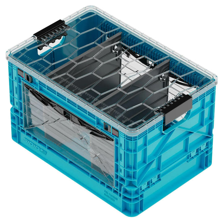Blue collapsible SidioCrate storage bin with internal dividers and transparent window.