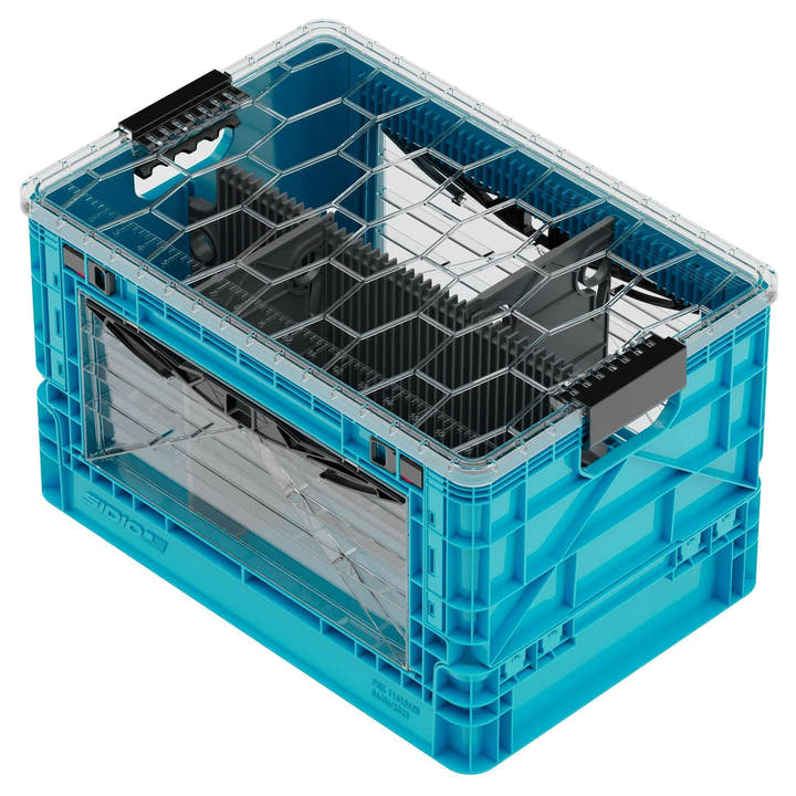 Blue SidioCrate collapsible storage bin with transparent window for camper van organization.