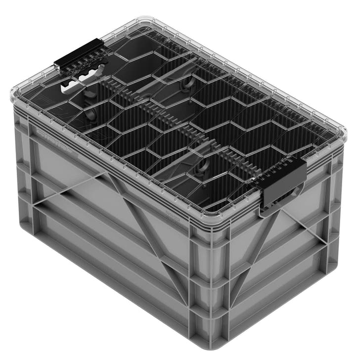 Grey SidioCrate storage bin with a clear lid and black latches for camper van organization.
