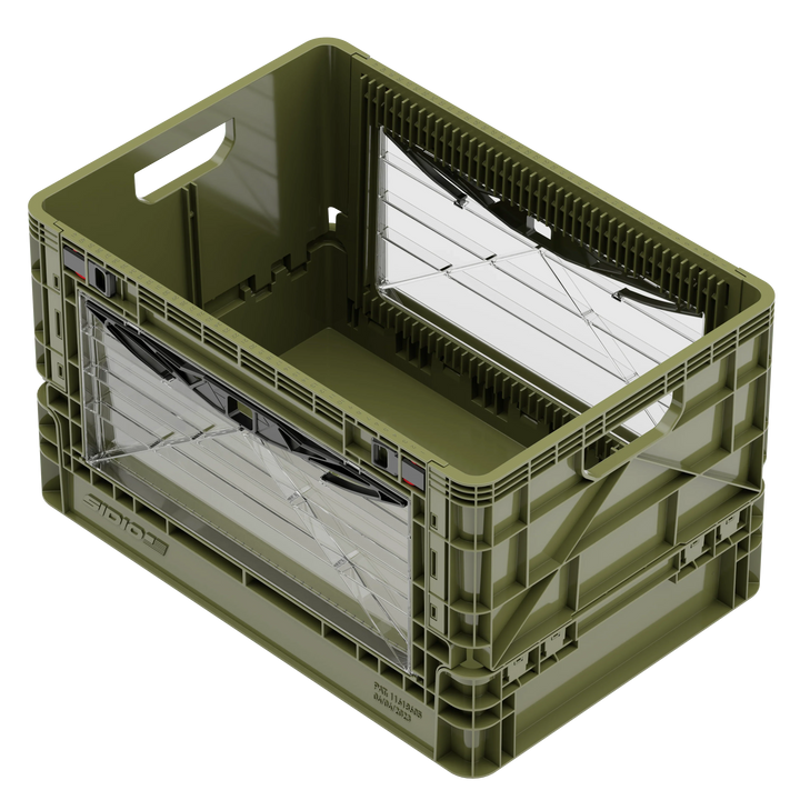 Olive green SidioCrate collapsible window storage crate for camper vans.