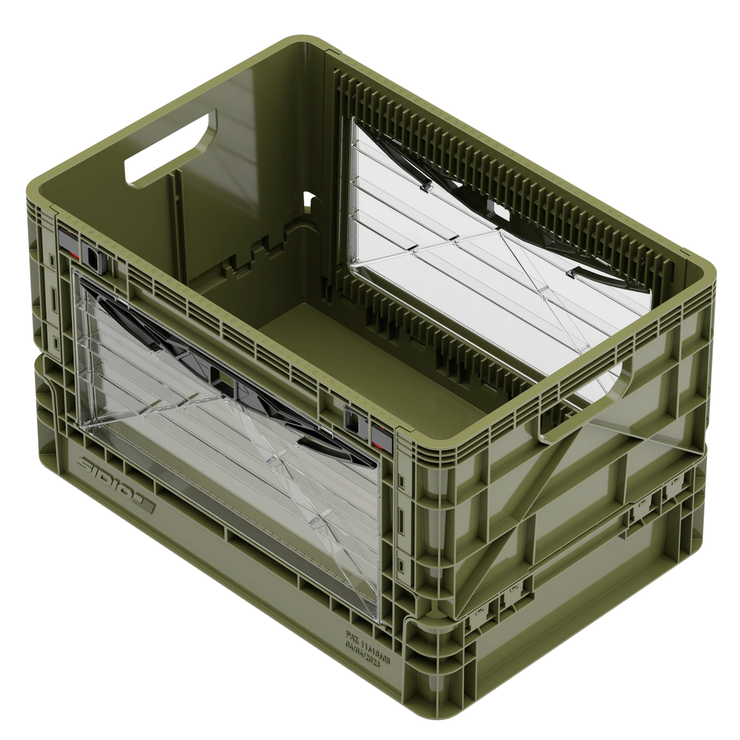 Olive green SidioCrate collapsible window storage crate for camper vans.