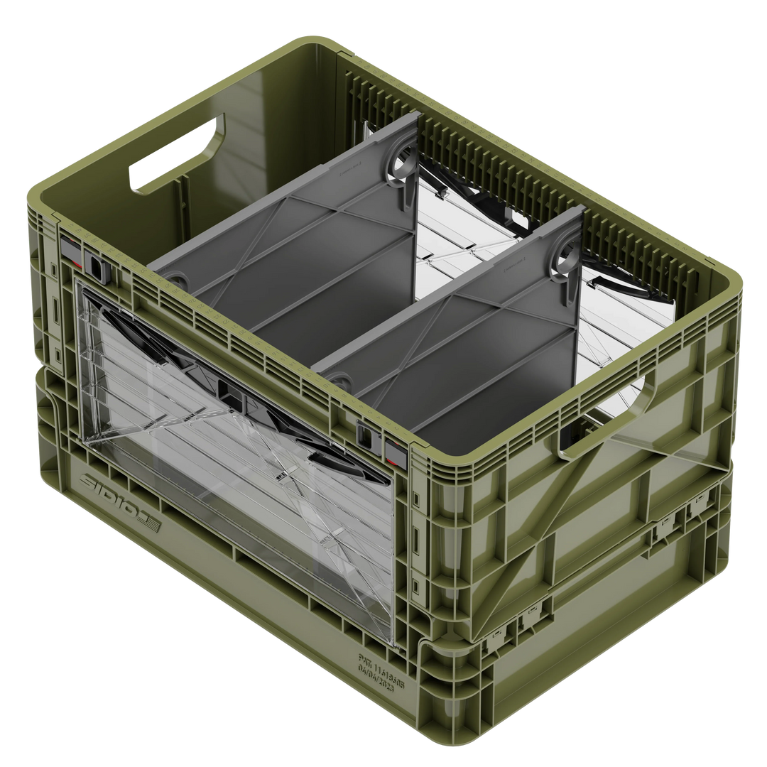 SidioCrate collapsible window storage bin in olive green for adventure vehicles.