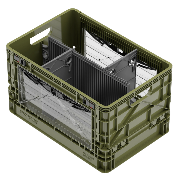 Green SidioCrate collapsible storage crate with a clear window for camper van organization.