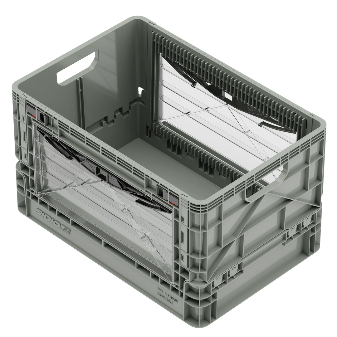 Gray SidioCrate collapsible window storage crate for camper van organization.