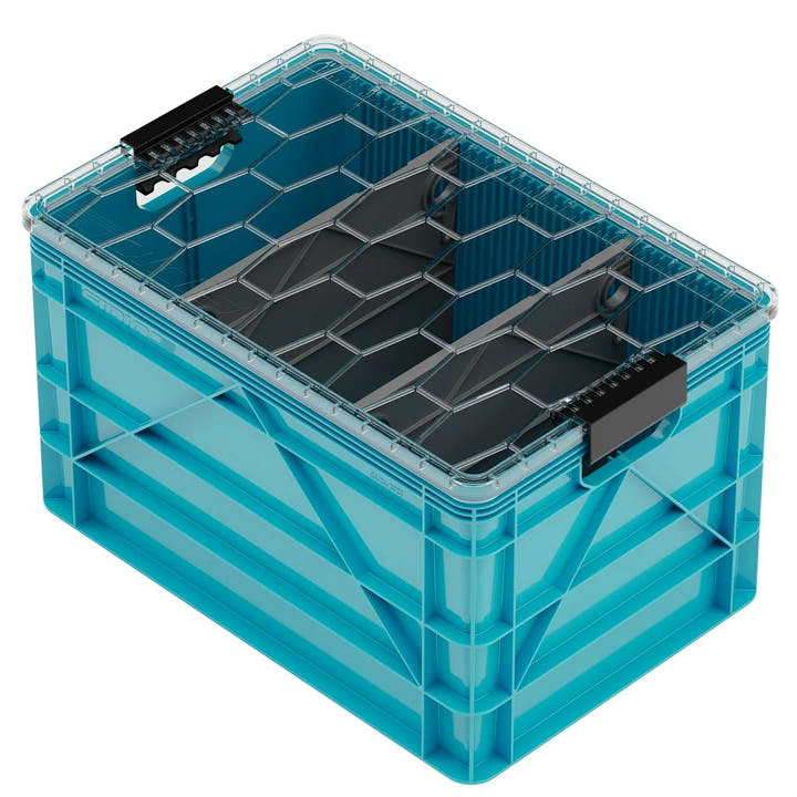 Blue SidioCrate storage bin for camper vans, featuring a clear lid and black handles.