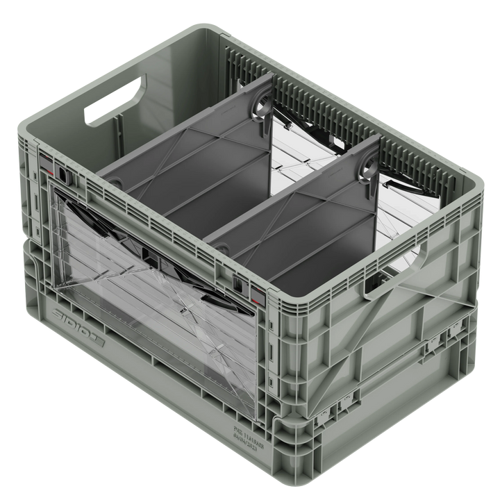 Gray SidioCrate collapsible storage bin designed for camper van windows.