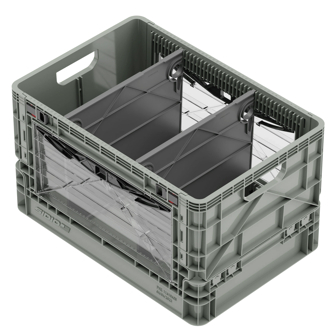 Gray SidioCrate collapsible storage bin designed for camper van windows.