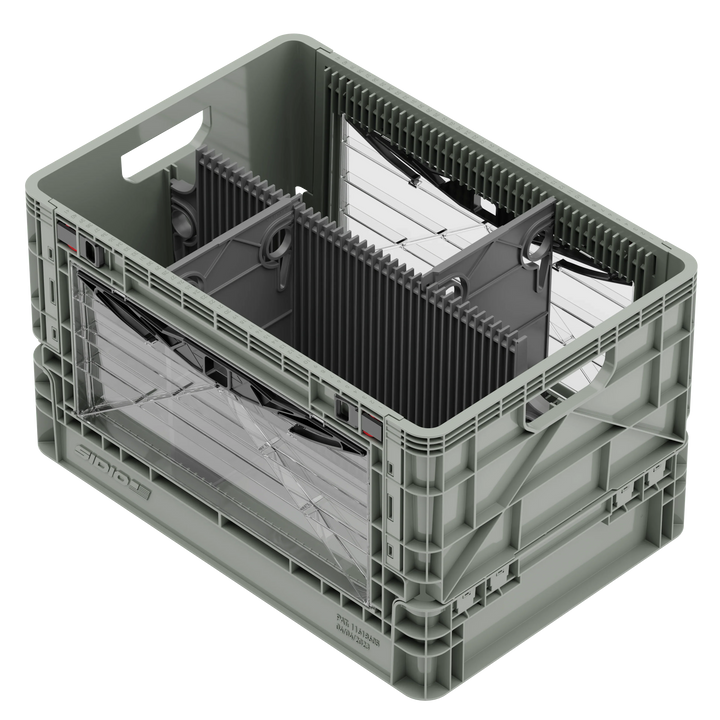 Grey SidioCrate collapsible storage crate with window for camper van organization.