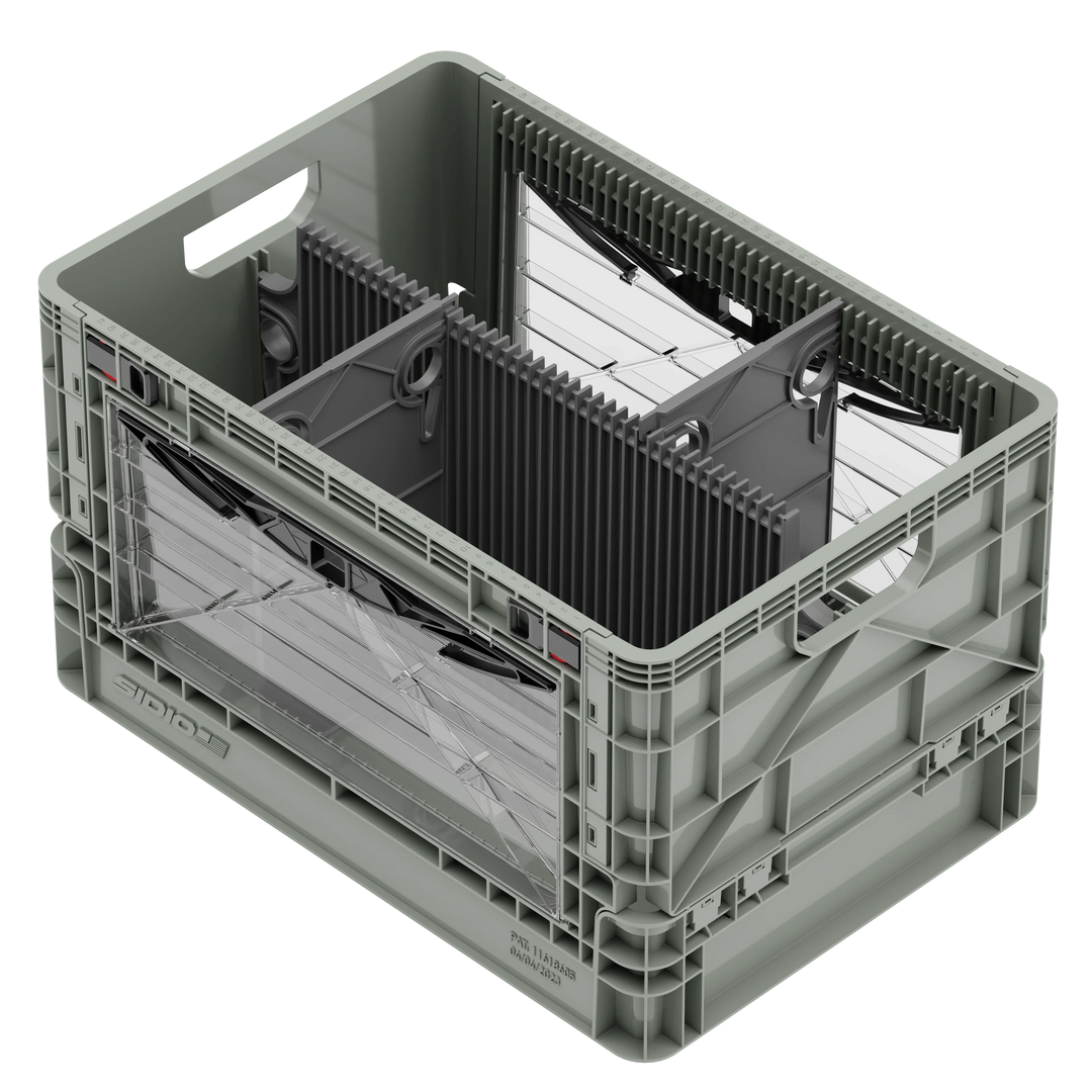 Grey SidioCrate collapsible storage crate with window for camper van organization.