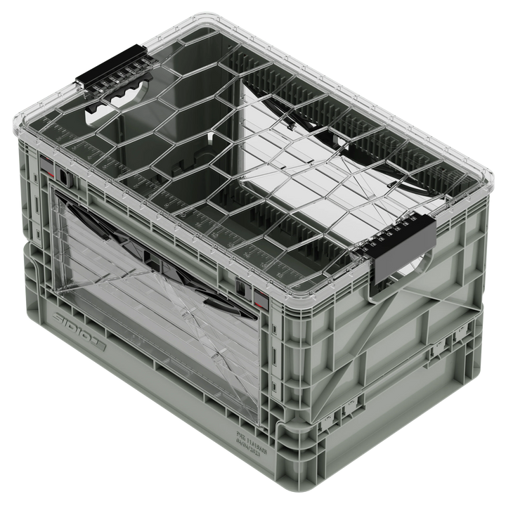 Clear SidioCrate window for camper van storage, featuring a collapsible design.