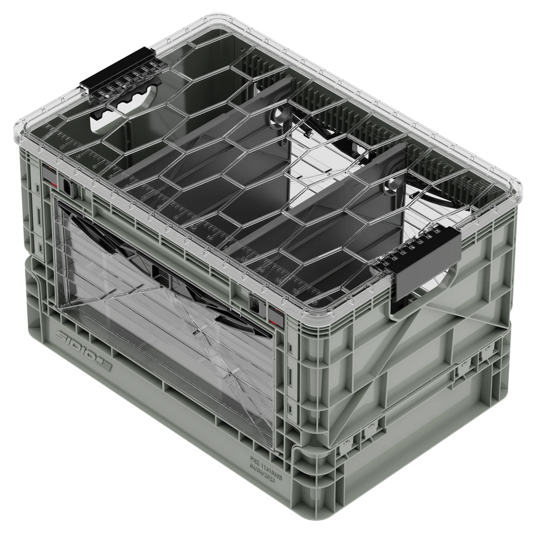 Grey SidioCrate collapsible storage bin with transparent window for camper van organization.