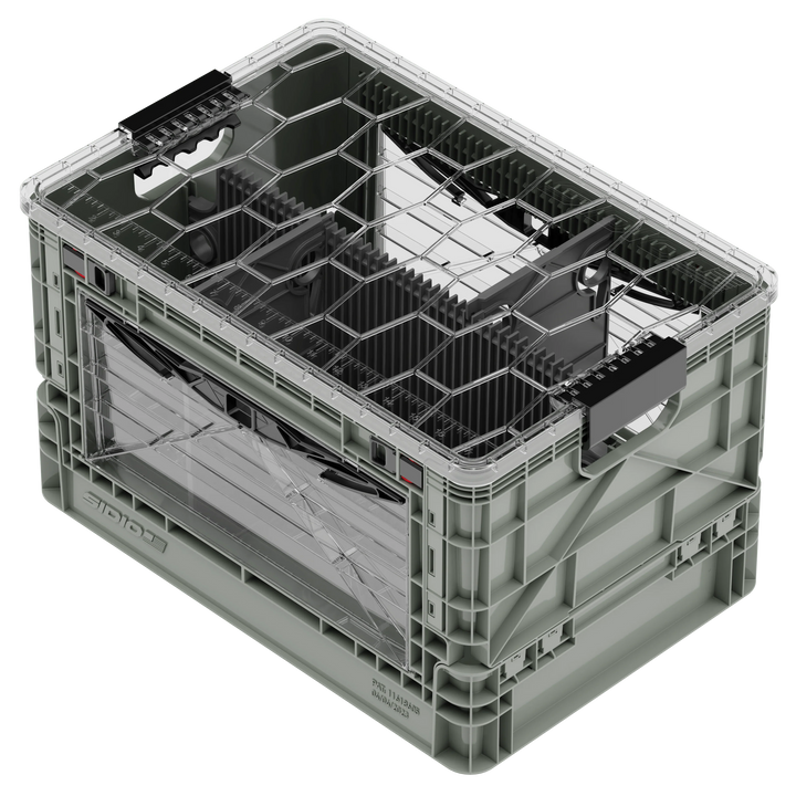 Gray SidioCrate collapsible storage bin designed for camper van windows.