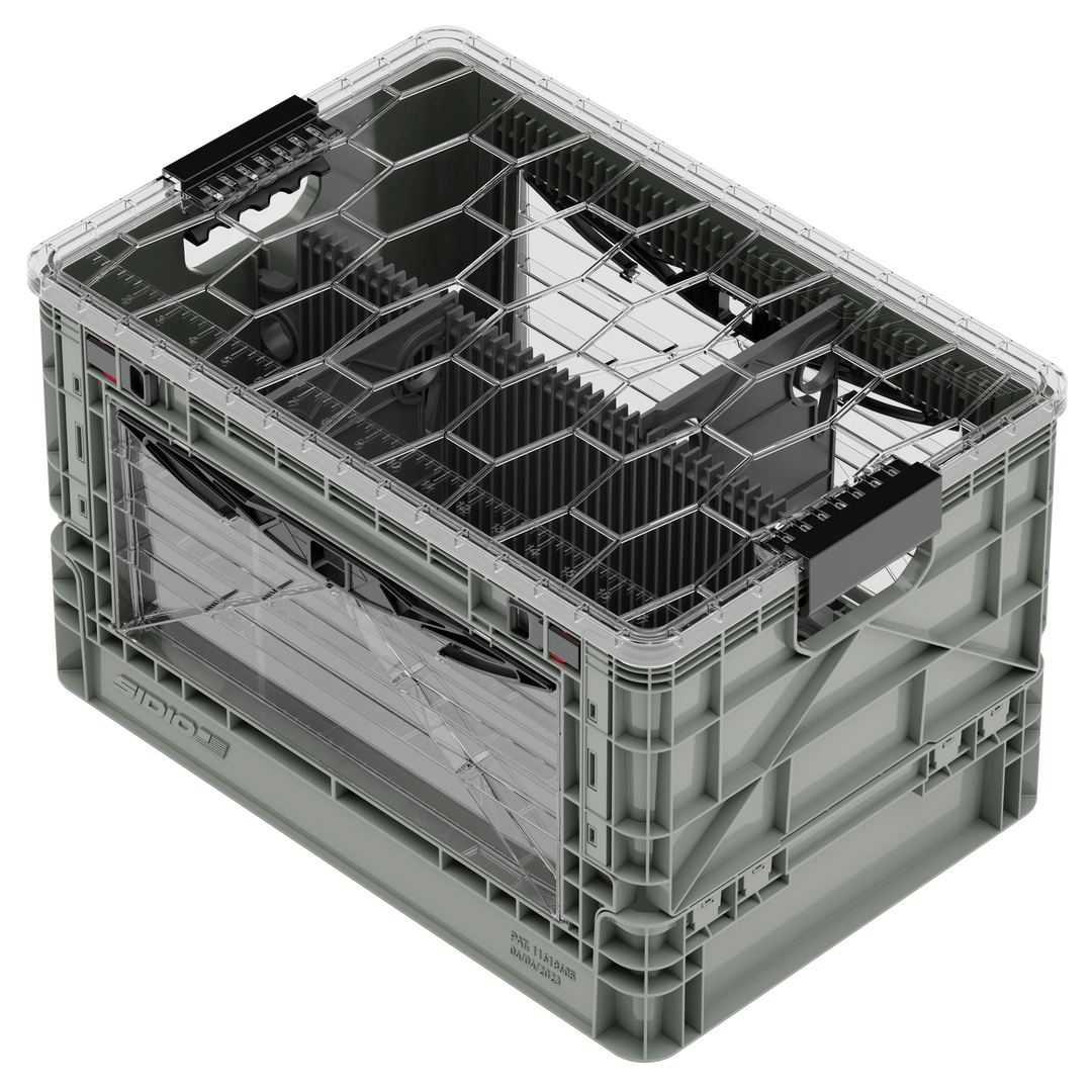 Gray SidioCrate collapsible storage bin designed for camper van windows.