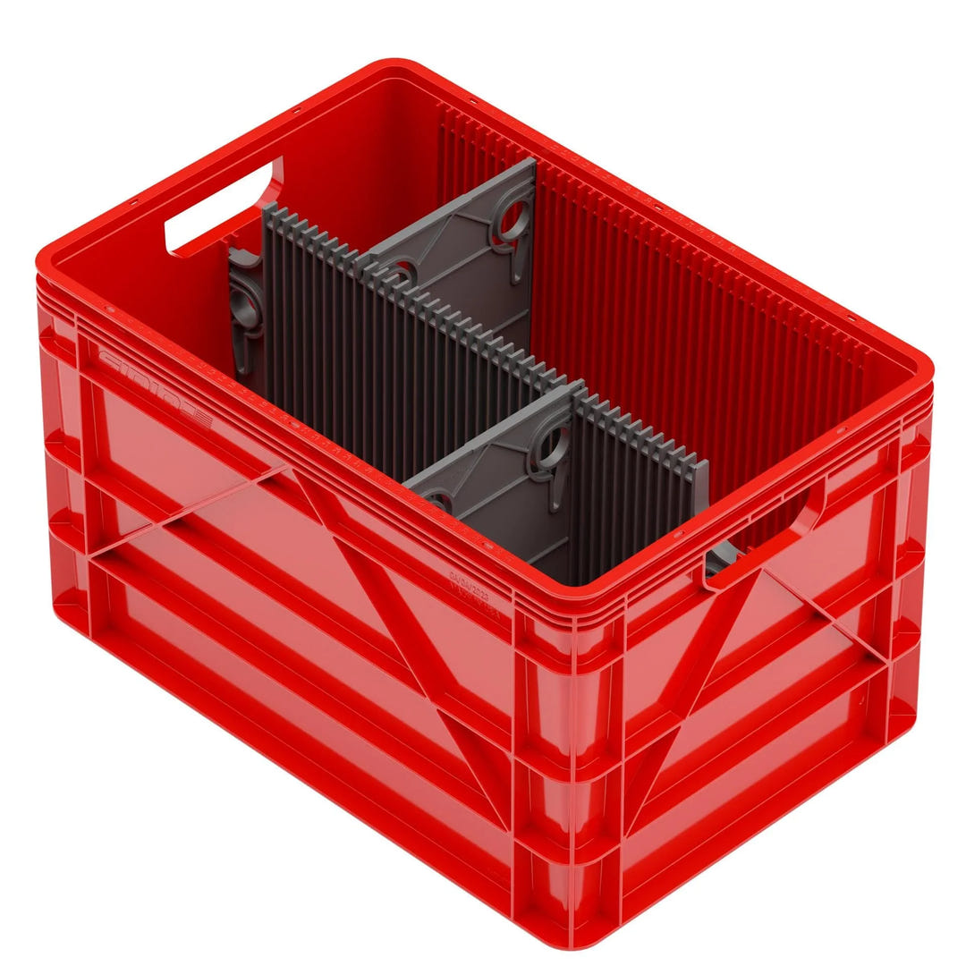 Red SidioCrate plastic storage bin with black internal dividers for organization.