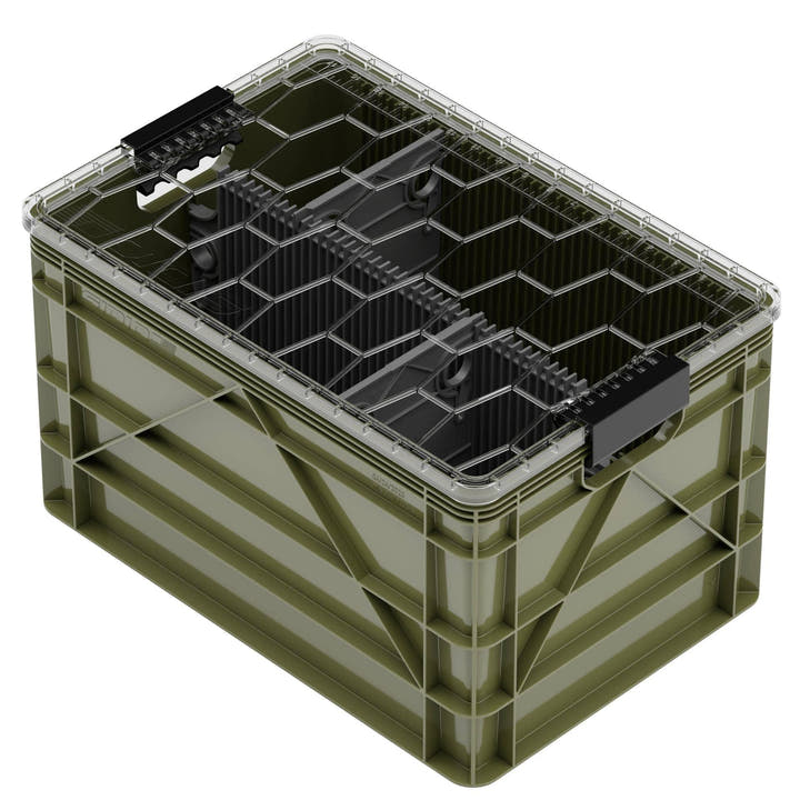 Olive green SidioCrate full size storage crate with transparent lid and internal dividers.