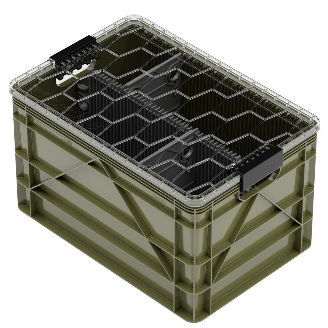 Olive green SidioCrate full size storage crate with transparent lid and internal dividers.