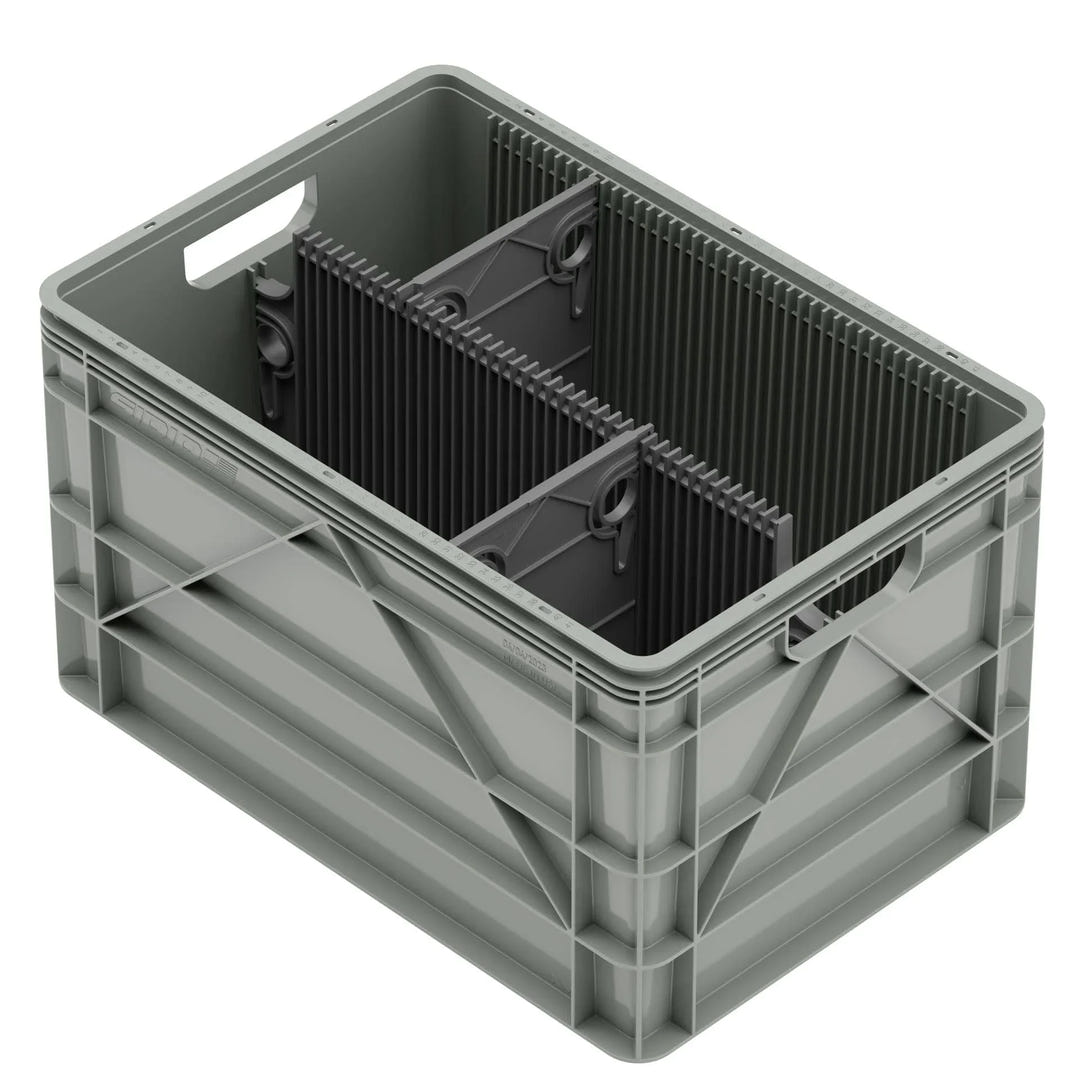 Grey SidioCrate heavy-duty plastic storage bin with internal dividers for camper van organization.