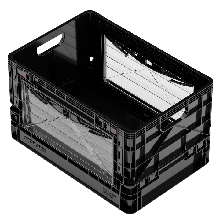 Black SidioCrate collapsible window storage crate for camper van organization.