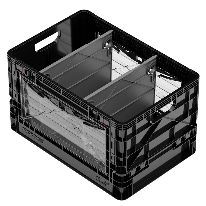 Black SidioCrate collapsible storage crate for camper van window mounting.