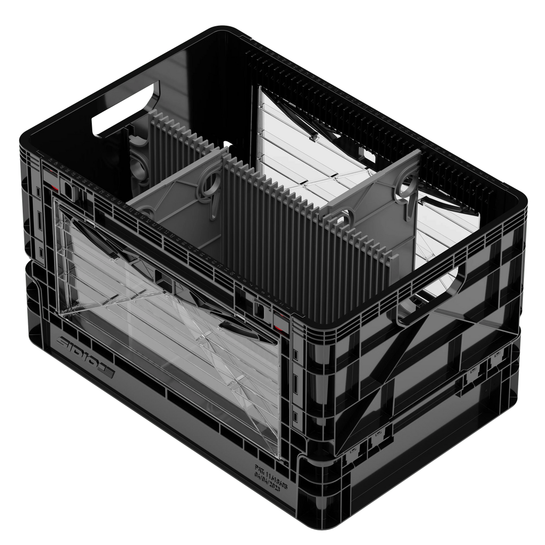 Black SidioCrate collapsible storage crate for camper van window mounting.