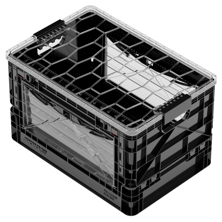 Black SidioCrate collapsible storage crate for camper van window mounting.
