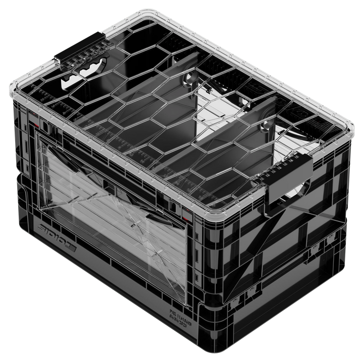 Black collapsible SidioCrate storage bin with a clear window panel for camper van organization.