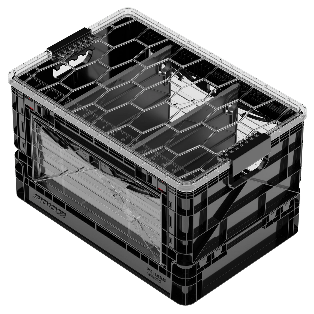 Black collapsible SidioCrate storage bin with a clear window panel for camper van organization.