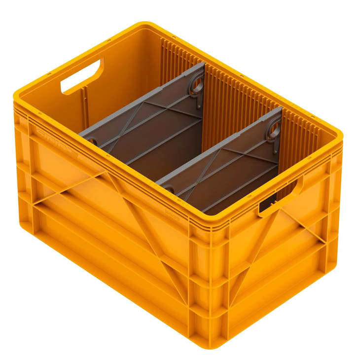 Yellow SidioCrate plastic storage bin with grey internal dividers for camper van organization.