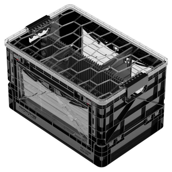 Black SidioCrate collapsible window storage crate for camper van organization.