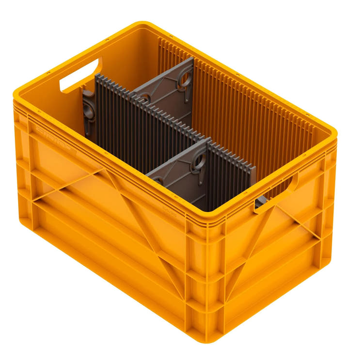 Orange SidioCrate full size storage bin with black internal dividers