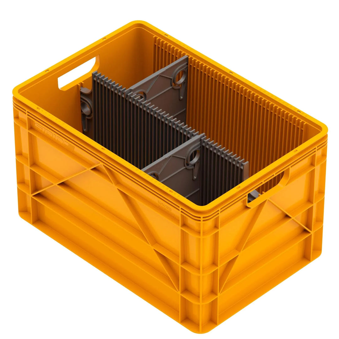 Orange SidioCrate full size storage bin with black internal dividers