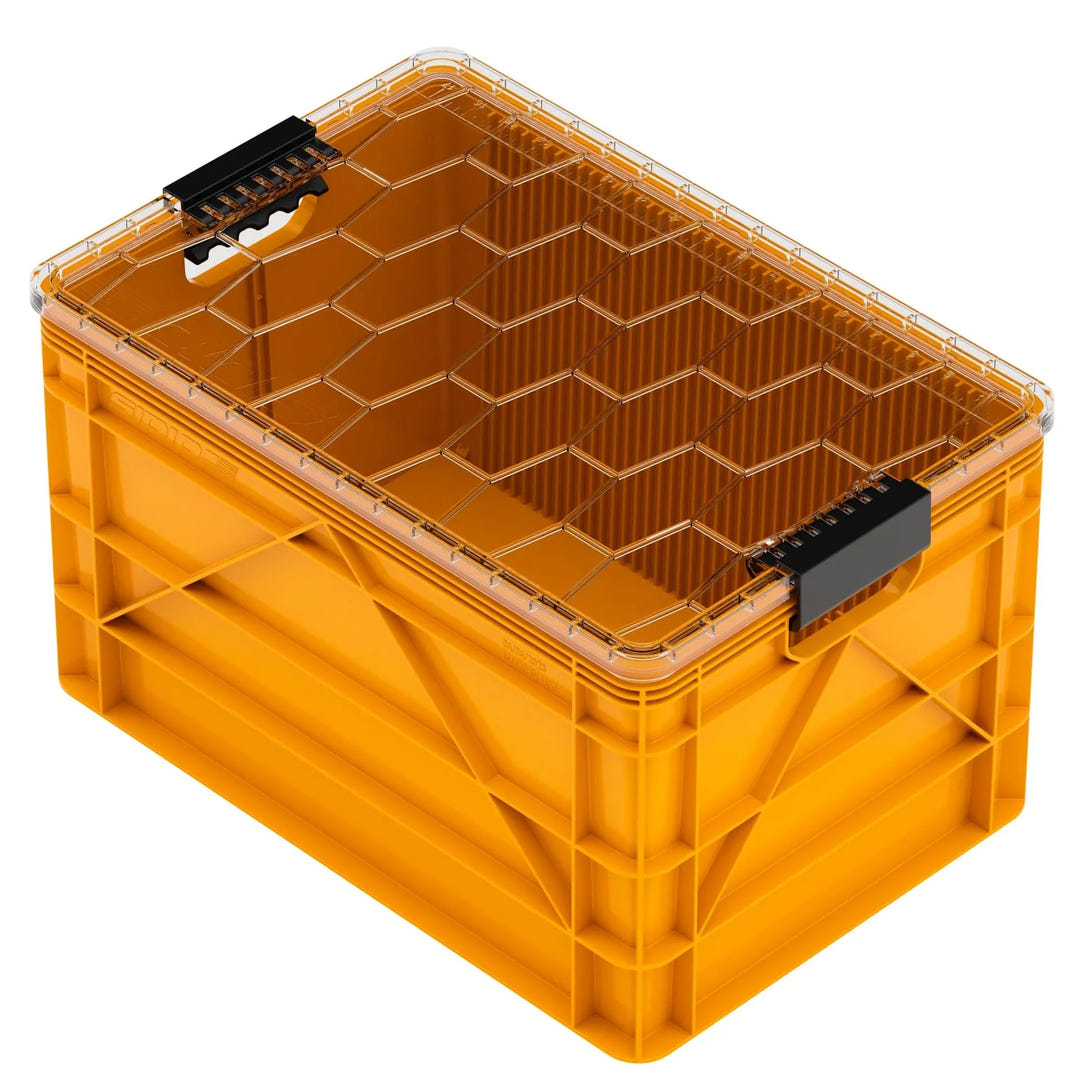 Orange translucent SidioCrate storage bin for camper van organization
