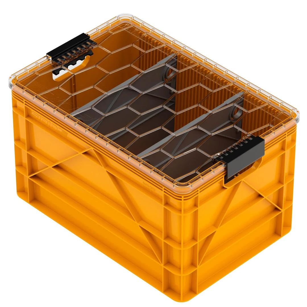 Orange SidioCrate heavy-duty storage bin with a clear lid for camper van organization.