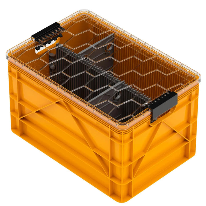 Orange SidioCrate heavy-duty storage bin with a clear lid for camper van organization.