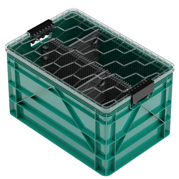 Green SidioCrate heavy-duty plastic storage bin for camper van organization.