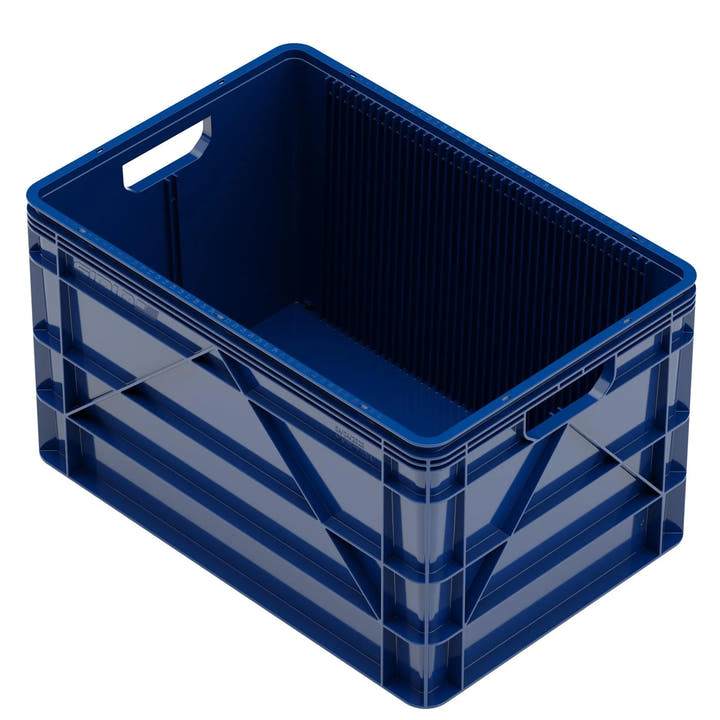 Blue SidioCrate plastic storage container for camper van organization.
