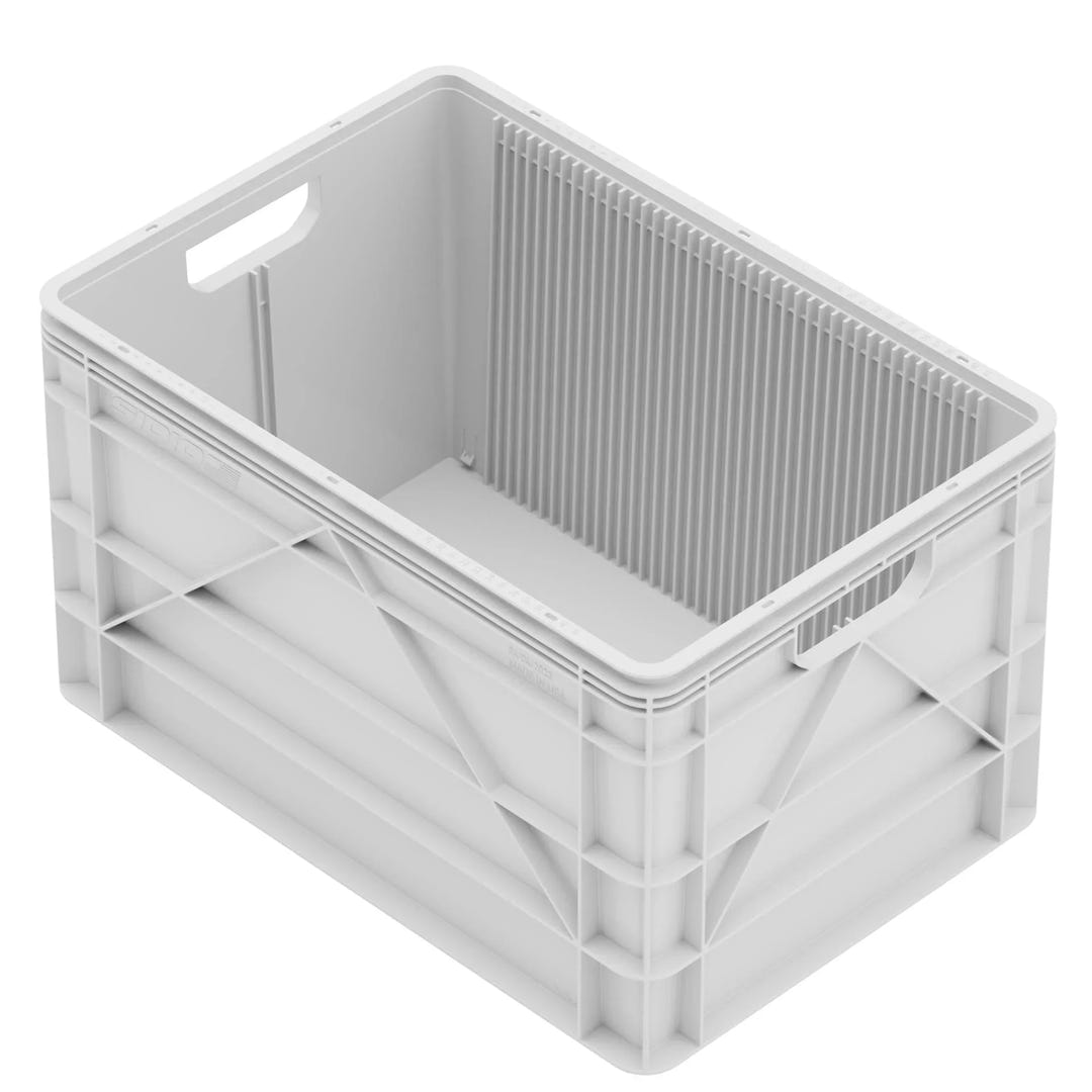Full size SidioCrate white plastic storage bin for camper van organization.