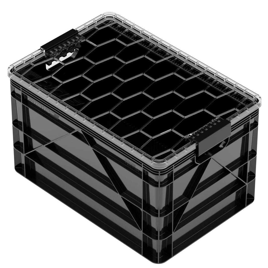 Black SidioCrate storage bin with clear lid for camper van organization.