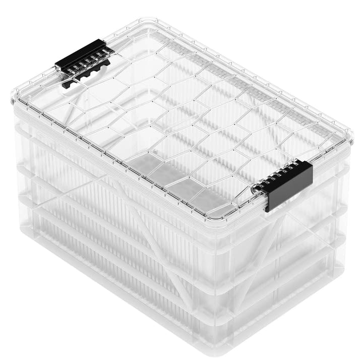Clear SidioCrate storage container with black latches for camper van organization.