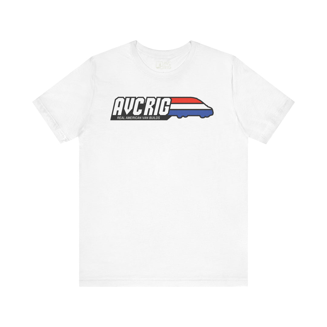 Real American van builds tee - Solids- Gi Joe theme, AVC RIG logo tee, Red, white, and blue stripe.