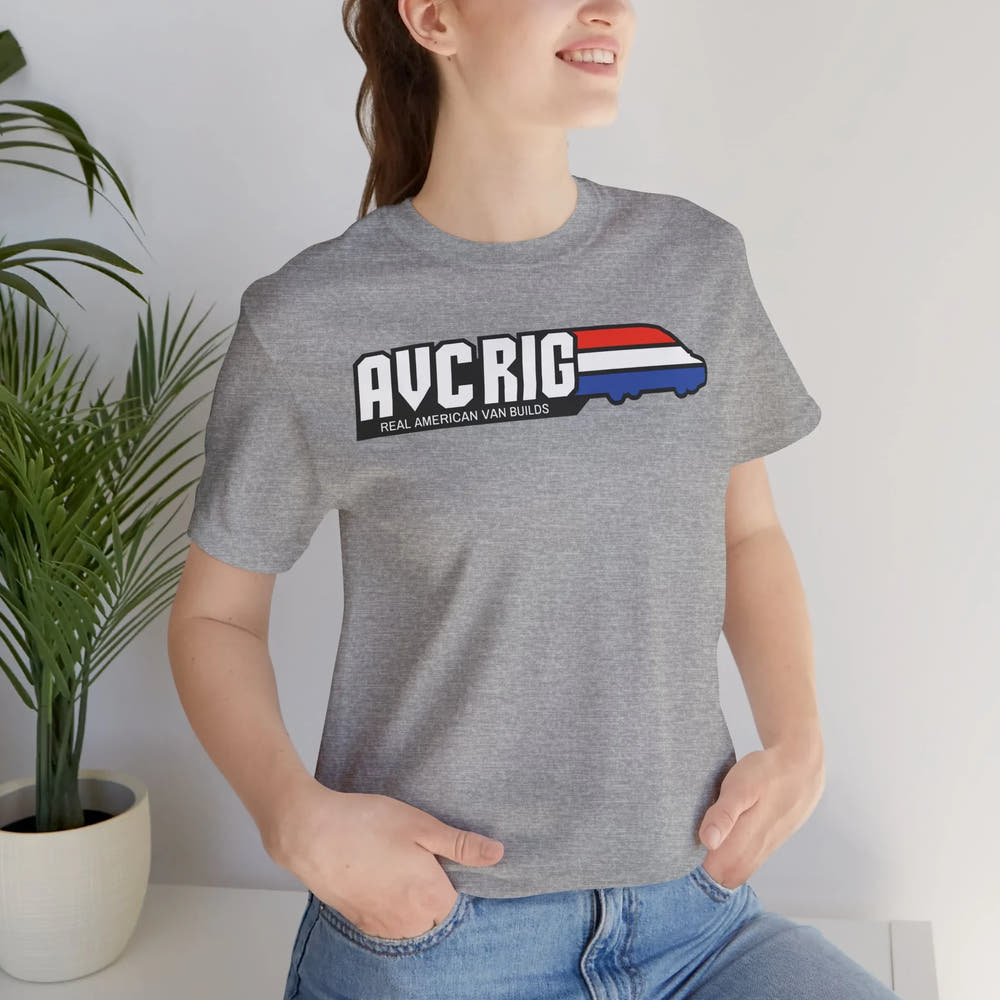 Real American van builds tee - Solids- Gi Joe theme, AVC RIG logo tee, Red, white, and blue stripe. - AVC RIG