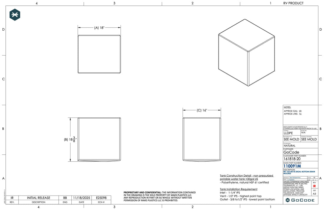 20-Gallon Galley Water Tank (Fresh/Grey) - AVC RIG