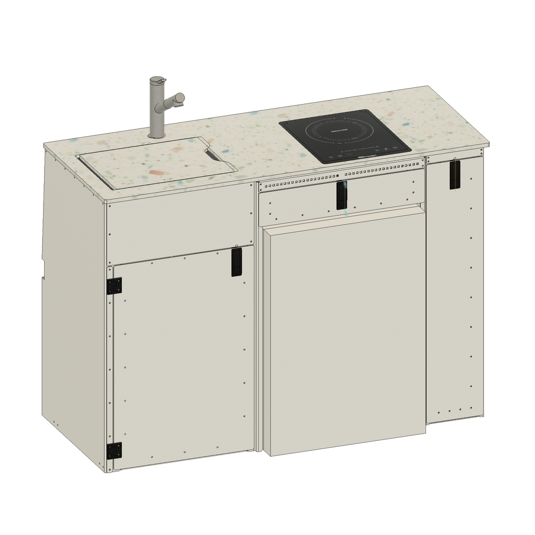 Beige kitchen cabinet with sink and stove on a white background