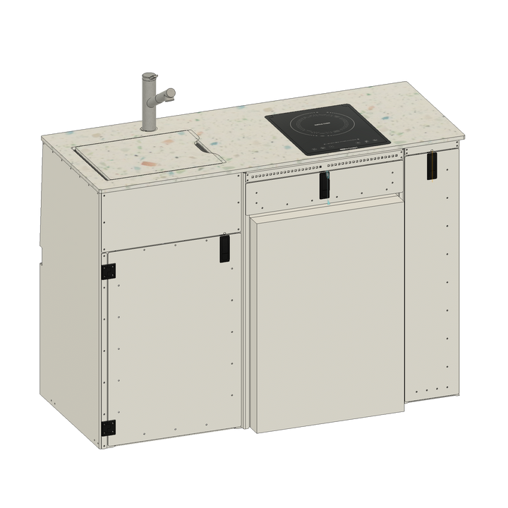 Beige kitchen cabinet with sink and stove on a white background