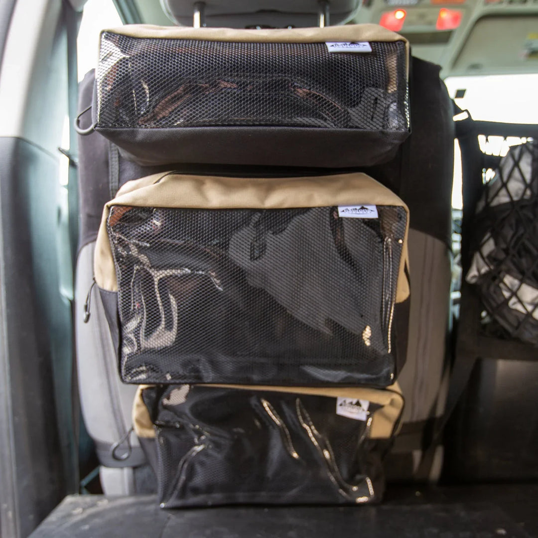 Flatirons Overland RiPouch Seatback Organizer in tan and black nylon mounted to a vehicle seat.