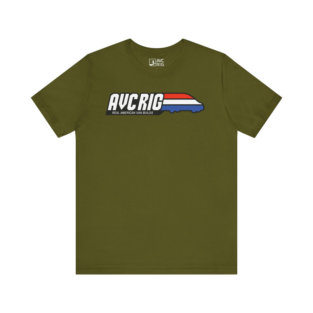 Real American van builds tee - Solids- Gi Joe theme, AVC RIG logo tee, Red, white, and blue stripe.