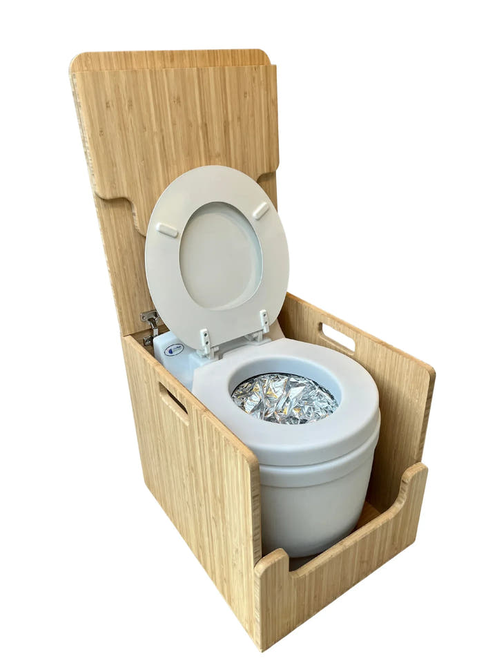 Laveo Dry Flush Portable Waterless Toilet Bamboo Lift top Cabinet Flat Pack Kit - AVC RIG