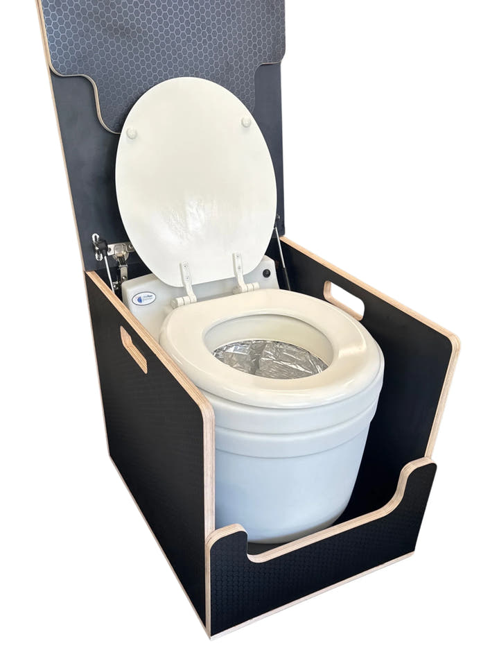 Weekender Outdoors bamboo lift top cabinet in black for Laveo Dry Flush portable waterless toilet