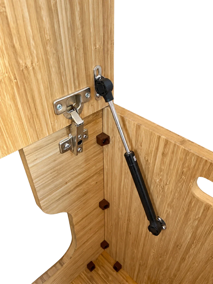 Weekender Outdoors bamboo lift top cabinet hinge and gas strut mechanism
