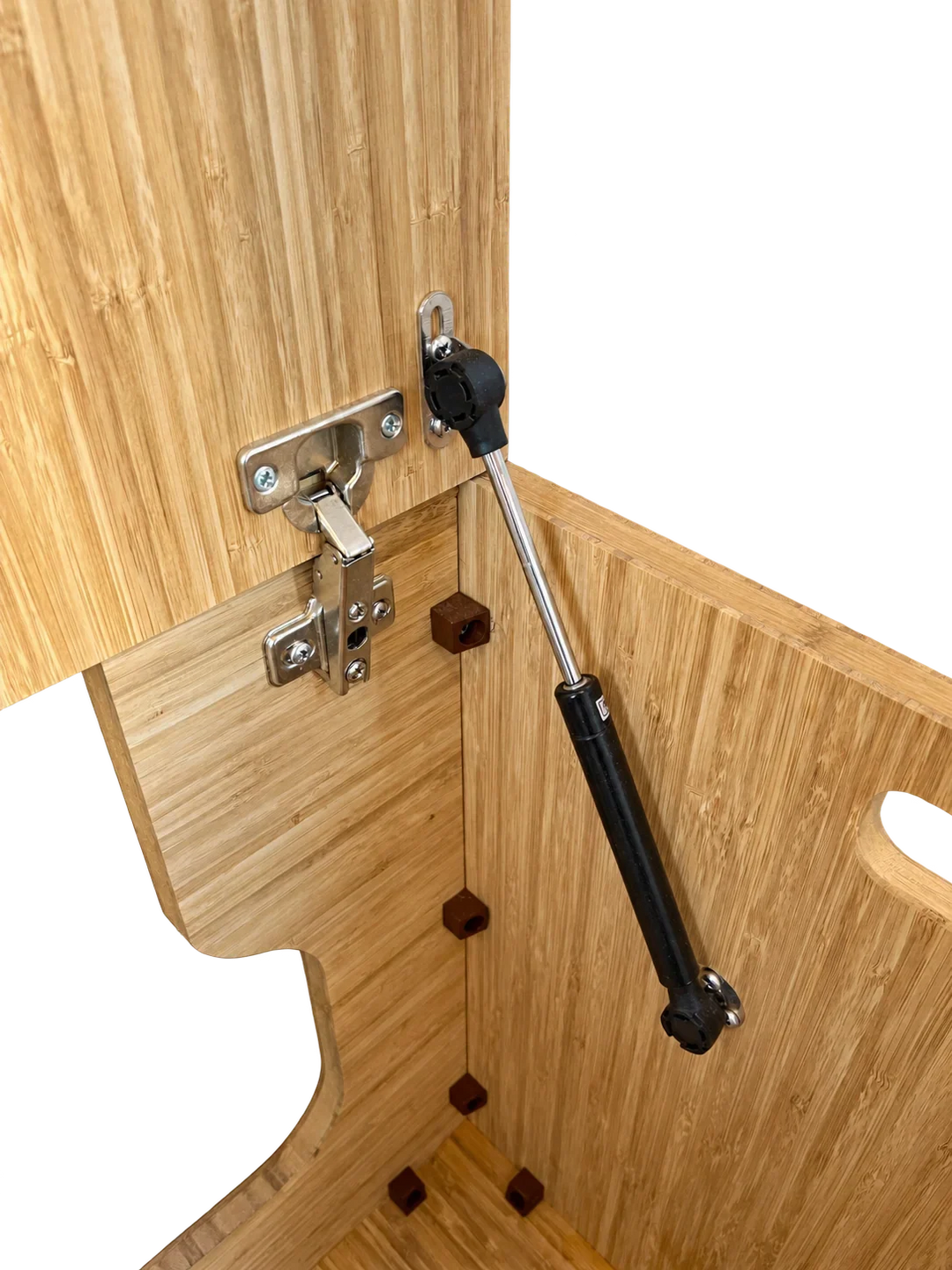 Weekender Outdoors bamboo lift top cabinet hinge and gas strut mechanism